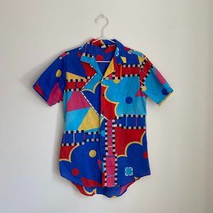 Vintage Boy's XL (Women's S) Short Sleeve Button Up, Old School Cool Print